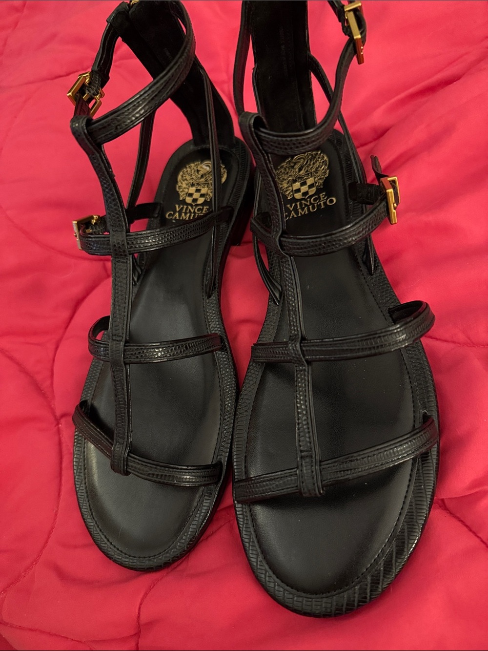Vince Camuto Black Strappy Sandals with Gold Buckles